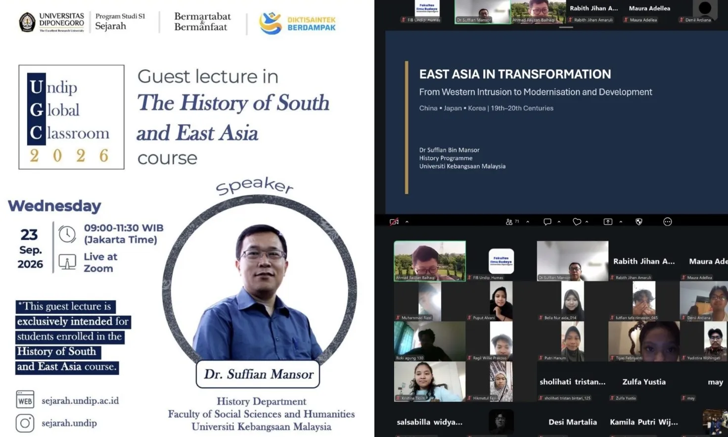 Program Kuliah Tamu FIB Undip Menghadirkan Dosen Malaysia Bahas Transformasi Asia Timur Secara Daring
